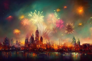 Realistic colorful explosion of fireworks over the night city landscape stylized image generated by artificial intelligence. Holiday concept. 