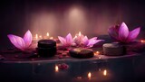 Fototapeta Kwiaty - Abstract interior spa  background  with candles, rose, petals and  lotuses.  Ai generated.