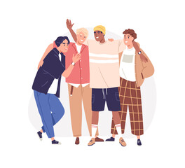 Man friends portrait. Diverse happy bros, young guys buddies standing, laughing together. Men's friendship, male relationship, bromance concept. Flat vector illustration isolated on white background