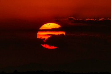 Red sun setting with an airplane silhouette