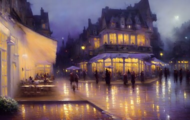 Wall Mural - A French lavender cafe at night in Paris