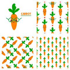 Wall Mural - Cute cartoon style carrot character and set, collection of three carrot vegetables vector seamless pattern backgrounds. 
