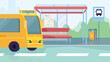 Empty bus station interior, banner in flat cartoon design. Transport stop, seats, yellow city bus. Modern public urban transportation, infrastructure concept. Illustration of web background