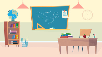 Empty school classroom interior, banner in flat cartoon design. Teacher desk with books and apple, blackboard with math formulas, bookshelf and globe. Education. Illustration of web background