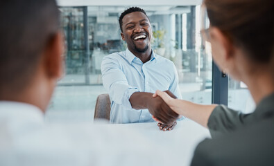 Aufkleber - Handshake, interview and business people for diversity partnership, contract deal or b2b welcome meeting, Collaboration, agreement and recruitment black man shaking hands for career or job onboarding