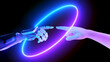 3d rendered illustration of a robot hand touching a human hand in neon light