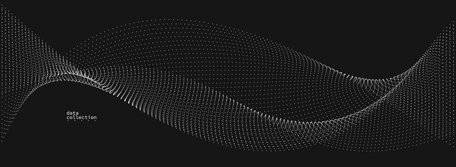 Grey dots in motion vector abstract background over black, particles array wavy flow, curve lines of points in movement, technology and science illustration.