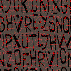 Latin letters and hand written inscriptions. Scribbles. Seamless vector pattern. 