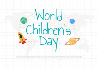 Wall Mural - World children day background with rocket, planet and earth.