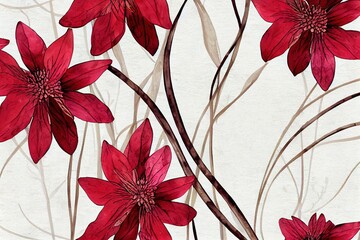 Wall Mural - Floral hand drawn background. Botanical line art wallpaper with flowers, branches and eucalyptus leaves. Design in red and pink shades watercolor texture for banner, prints, wall art and home decor.