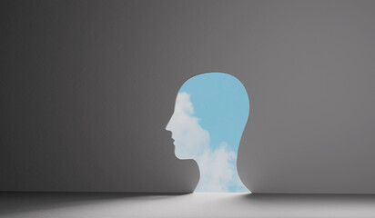 Wall Mural - mindfulness concept. Bright sunny sky seen through a side profile hole in a wall. 3D Rendering