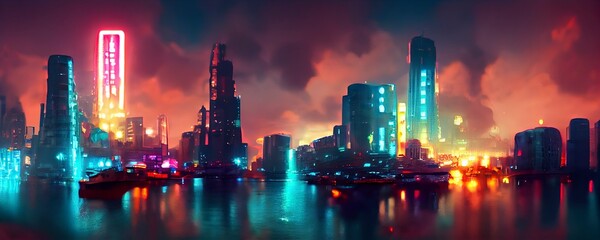 Wall Mural - Cyberpunk neon city night. Futuristic city scene in a style of pixel art. Backdrop. Wallpaper. Retro future 3D illustration. Urban scene.