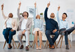 © Anela R/peopleimages.com - Business people, team and hands raised for asking question during workshop, training or meeting. Collaboration, teamwork and goal with crowd pointing up to volunteer, praise or show advertising idea