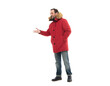 © be free - man wear warm winter outwear in studio. hello gesture. mature man in red puffer coat outwear.
