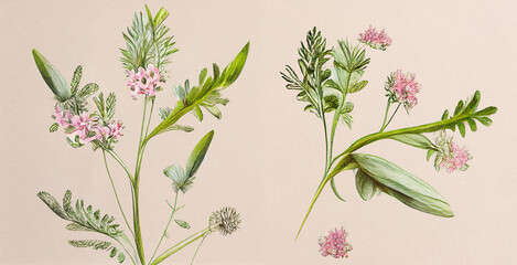 Valerian (Valeriana officinalis). Botanical illustration on white paper. The best medicinal plants, their effects and contraindications. Natural medicine. Plant properties