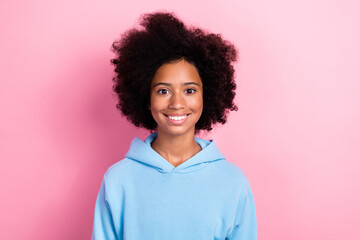 Poster - Photo of cute sweet optimistic girl dressed blue sportswear hood show toothy smile good mood isolated on pink color background