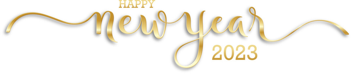 HAPPY NEW YEAR 2023 metallic gold calligraphy banner on transparent background