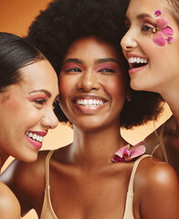 women, beauty and flowers, makeup and diversity of models on orange studio background. skincare, fac