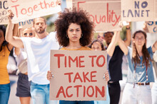 Protest, Poster And Black Woman, Crowd Or Equality, Human Rights Or Racism Protesters In City. Activism, Action Time Or Angry Group Demand Freedom, End To Racial Discrimination Or Government Change.