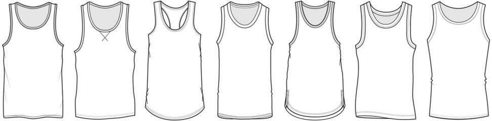 mens sleeveless underwear vests, inner wear tank tops, undershirts fashion flat sketch vector illust