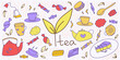 A young tea leaf with the inscription tea, mugs, teapots, sweets, cookies, sweets for tea, vector clipart with doodles in color.