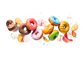 Colourful decorated donuts falling in motion isolated on white background with sprinkling. Sweet, confectionery and various doughnuts flying over white. Panorama banner, clipping path