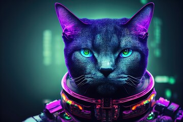 Wall Mural - A cat with gray hair in a protective astronaut suit without a helmet and green eyes. 3D illustration