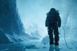 A man from an expedition to the North Pole stands among the icy walls of a cave. 3D illustration