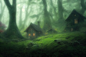 Two old houses and a barn stand among tall tree trunks in the woods. 3D rendering