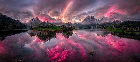 Sticker - Panoramic view of nature with mountains lake and forest against a background of purple and gray clouds. 3D rendering