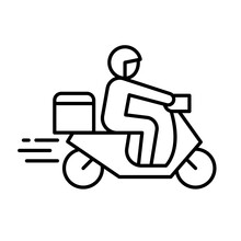 Shipping Fast Delivery Man Riding Motorcycle Icon Symbol, Pictogram Flat Outline Design For Apps And Websites, Isolated On White Background, Vector Illustration