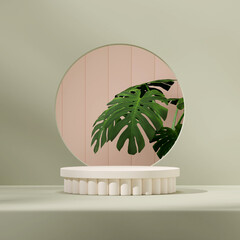 mockup scene white round podium in square green, pink color wall and monstera plant 3D rendering
