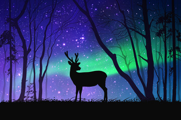 Sticker - Lonely deer in misty forest. Animal silhouette. Green polar lights