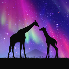 Sticker - Giraffe family in savannah. Animal silhouette. Purple aurora borealis