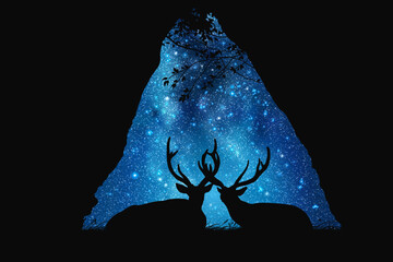 Sticker - Two deers in cave. Animal family silhouette. Milky Way at starry sky