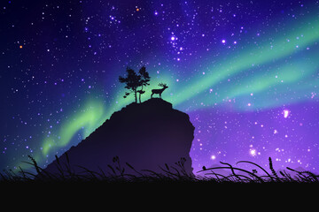 Sticker - Deer at cliff top. Animal silhouette on rock. Green aurora borealis