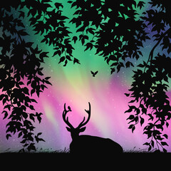 Sticker - Lying deer framed by leaves. Animal silhouette. Bright aurora borealis