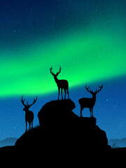 Sticker - deer family on rocks. wild animal silhouettes. green aurora borealis
