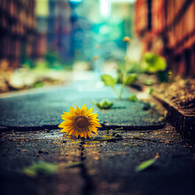 3d Rendering Of Sunflower On The Road Of A Destroyed City