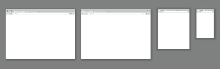 Browser mockups set. Web windows screen. Internet empty pages concept with shadow. Modern window design isolated on gray background