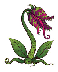 Carnivorous plant. Cartoon flytrap or flower predator. Angry flower with teeth. Monster plant icon. Vector illustration