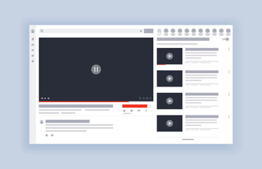 Video player template interface. Video hosting mockup, social media concept. Web video channel or mobile app. Desktop live stream