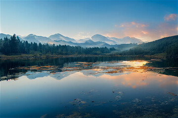 Canvas Print - Lake, forest and mountains