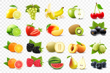 Realistic Set Of Various Kinds Of Fruits With Orange, Kiwi, Pear, Lemon, Grapes, Strawberries, Currants, Peach, Lime, Grapefruit, Applе, Isolated On Transparent Background, 3d Vector Illustration