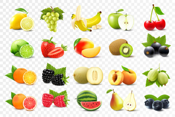 Wall Mural - Realistic set of various kinds of fruits with orange, kiwi, pear, lemon, grapes, strawberries, currants, peach, lime, grapefruit, applе, isolated on transparent background, 3d vector illustration