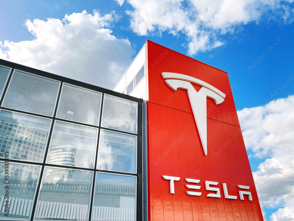 Big Tesla logo on building of the branch in Amsterdam, Netherlands