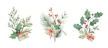 A Set Of Vector Watercolor Bouquets With A Fir Branch, Holly And Gifts.