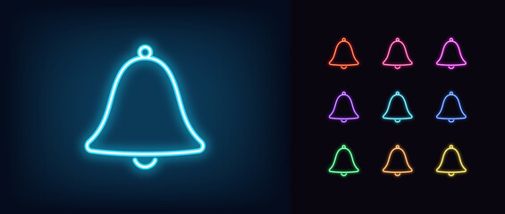 Sticker - Outline neon bell icon. Glowing neon notification bell and alert, social media reminder pictogram. Bell alert for social media apps