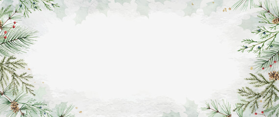 watercolor vector winter background with fir branches and cones.