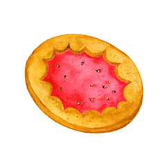 Watercolor hand drawn delicious, tasty crispy cookie with strawberry jam. Illustration isolated on white background, can be used for set, pattern, stickers, cards.